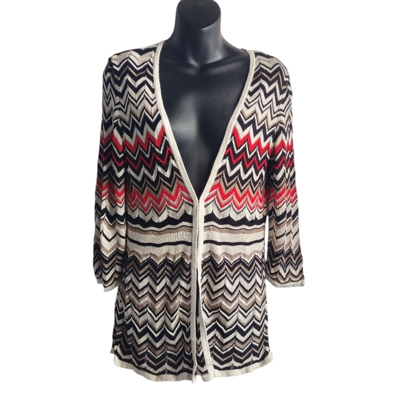 White House Black Market Black White Red Chevron Knit Sweater Cardigan Boho Sz L - Picture 2 of 10